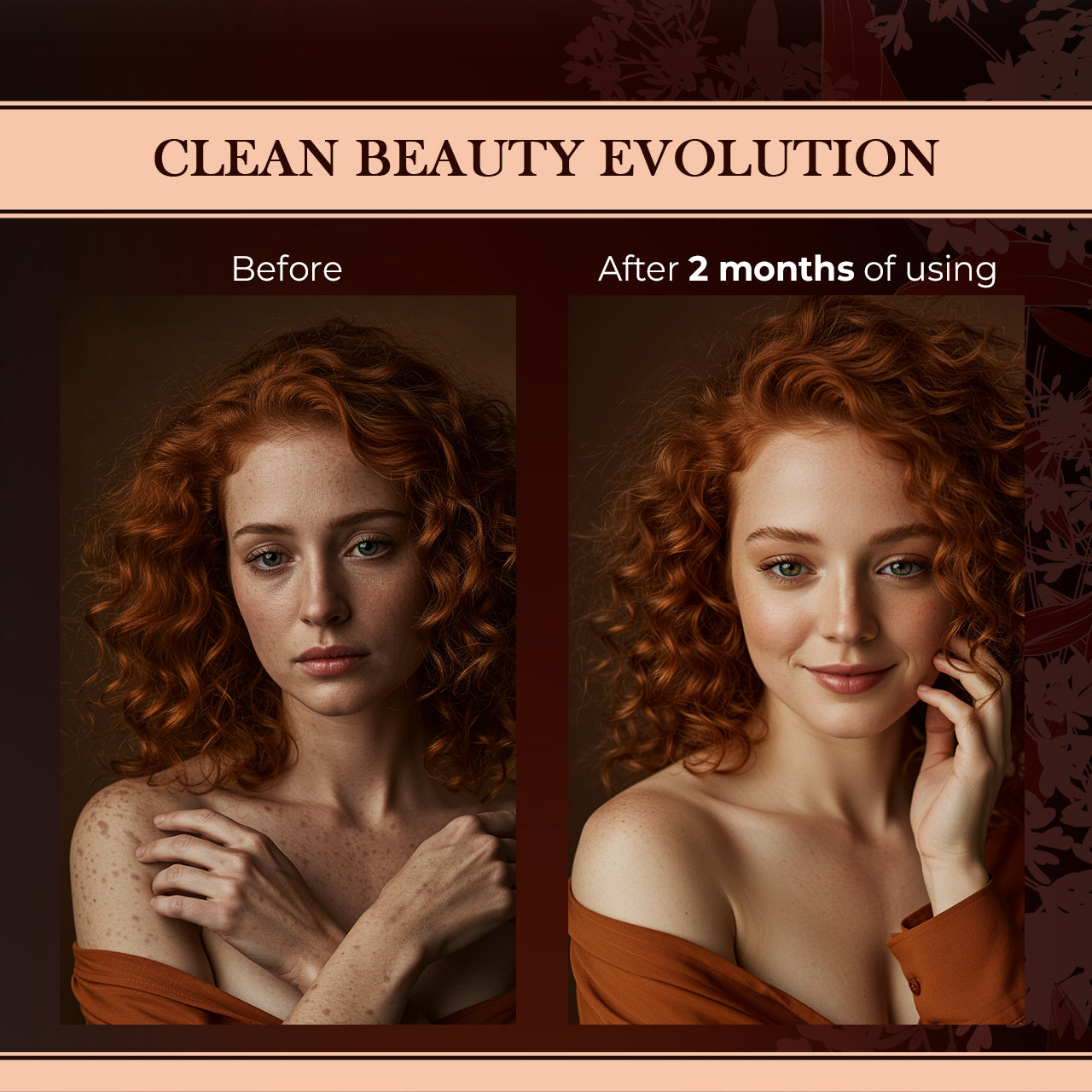 Before and after comparison of a woman's face with text 'Clean Beauty Evolution' and 'After 2 months of using'.