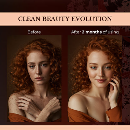 Before and after comparison of a woman's face with text 'Clean Beauty Evolution' and 'After 2 months of using'.