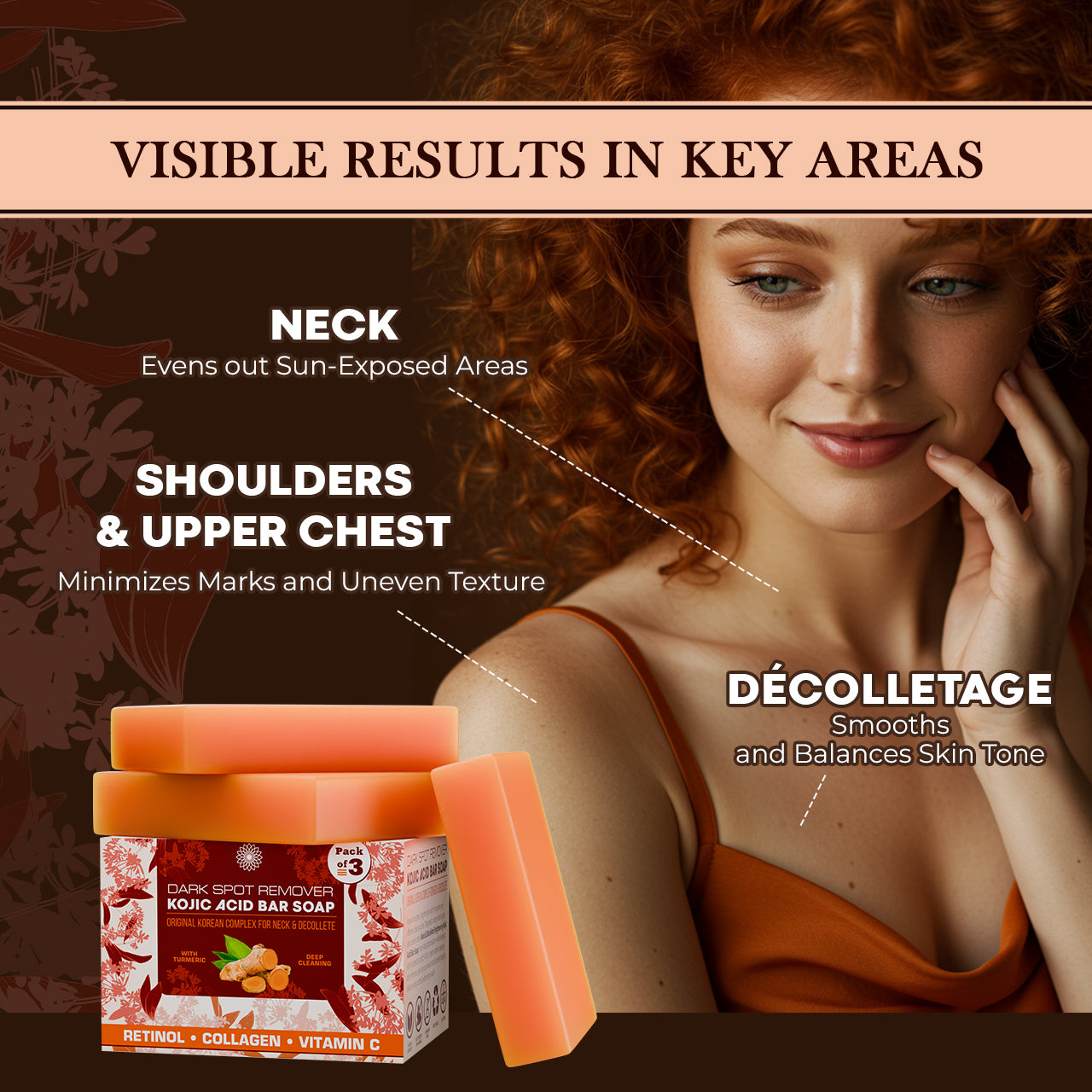 Woman with skincare product showing benefits on neck, shoulders, and décolletage.