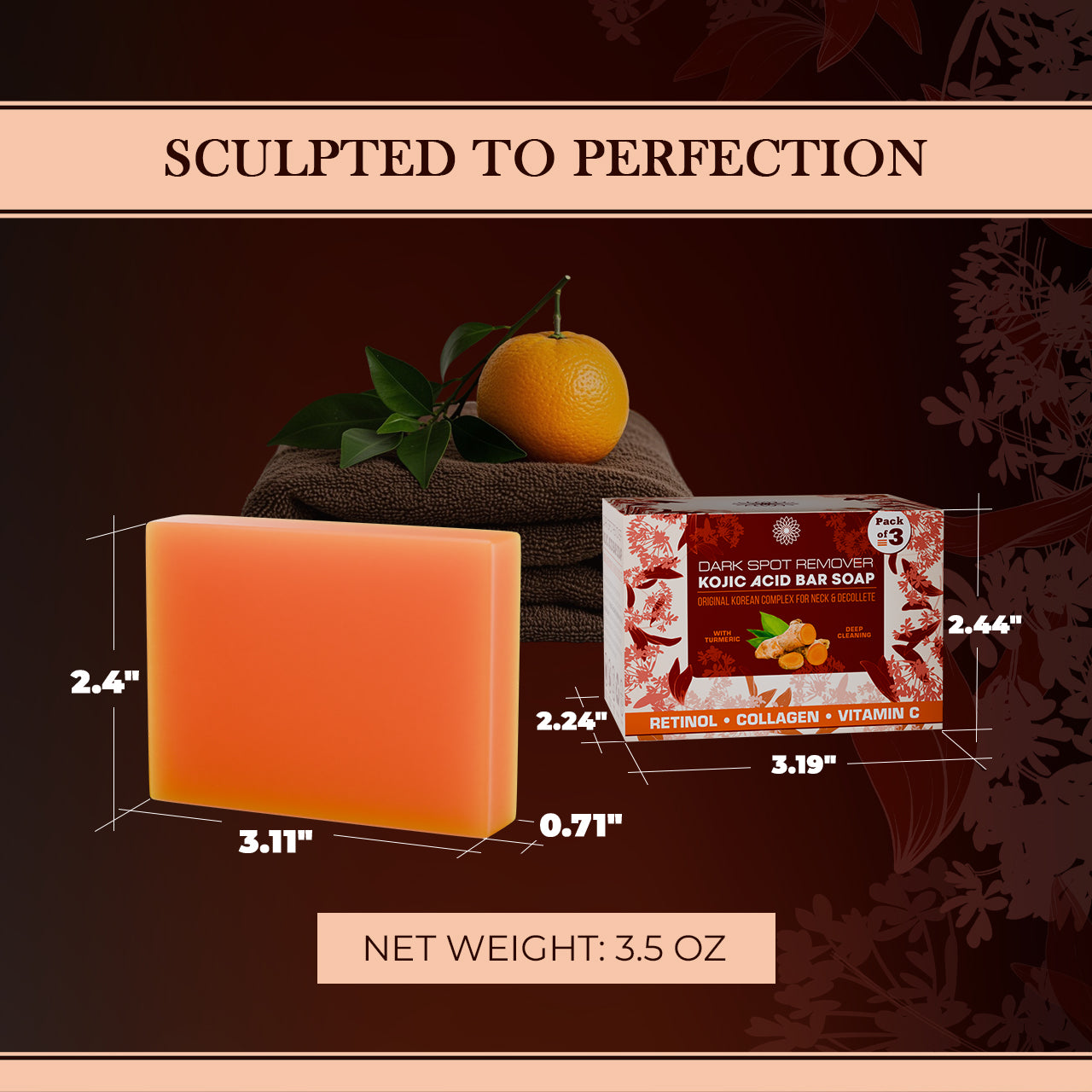 Orange bar of soap with packaging and measurements on a dark background