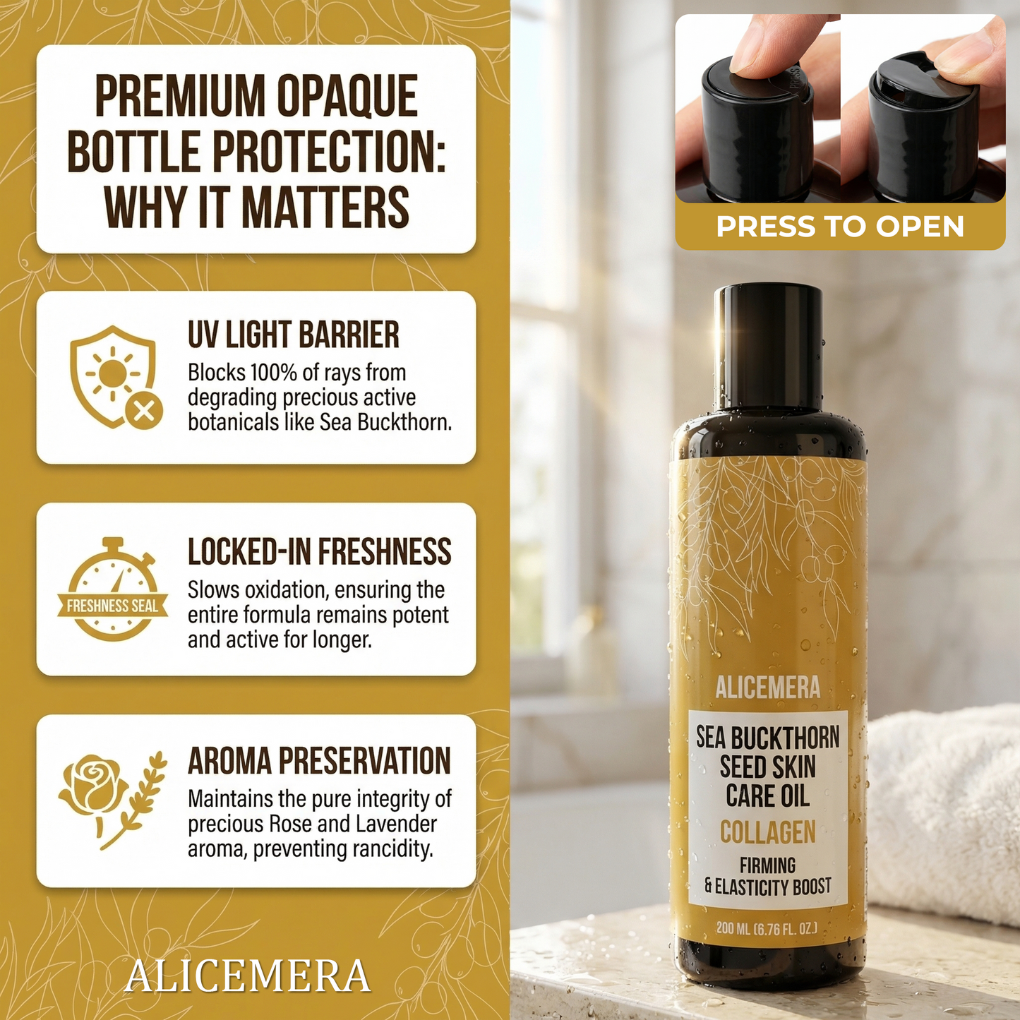 Alicemera Sea Buckthorn Seed Skin Care Oil bottle with text on bottle protection features.
