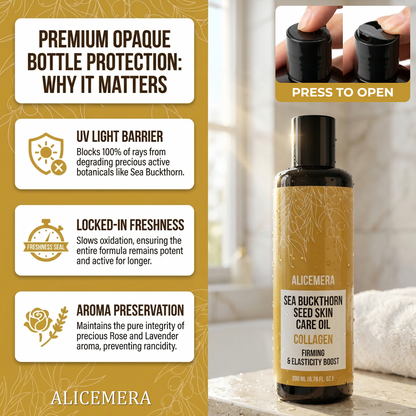 Alicemera Sea Buckthorn Seed Skin Care Oil bottle with text on bottle protection features.