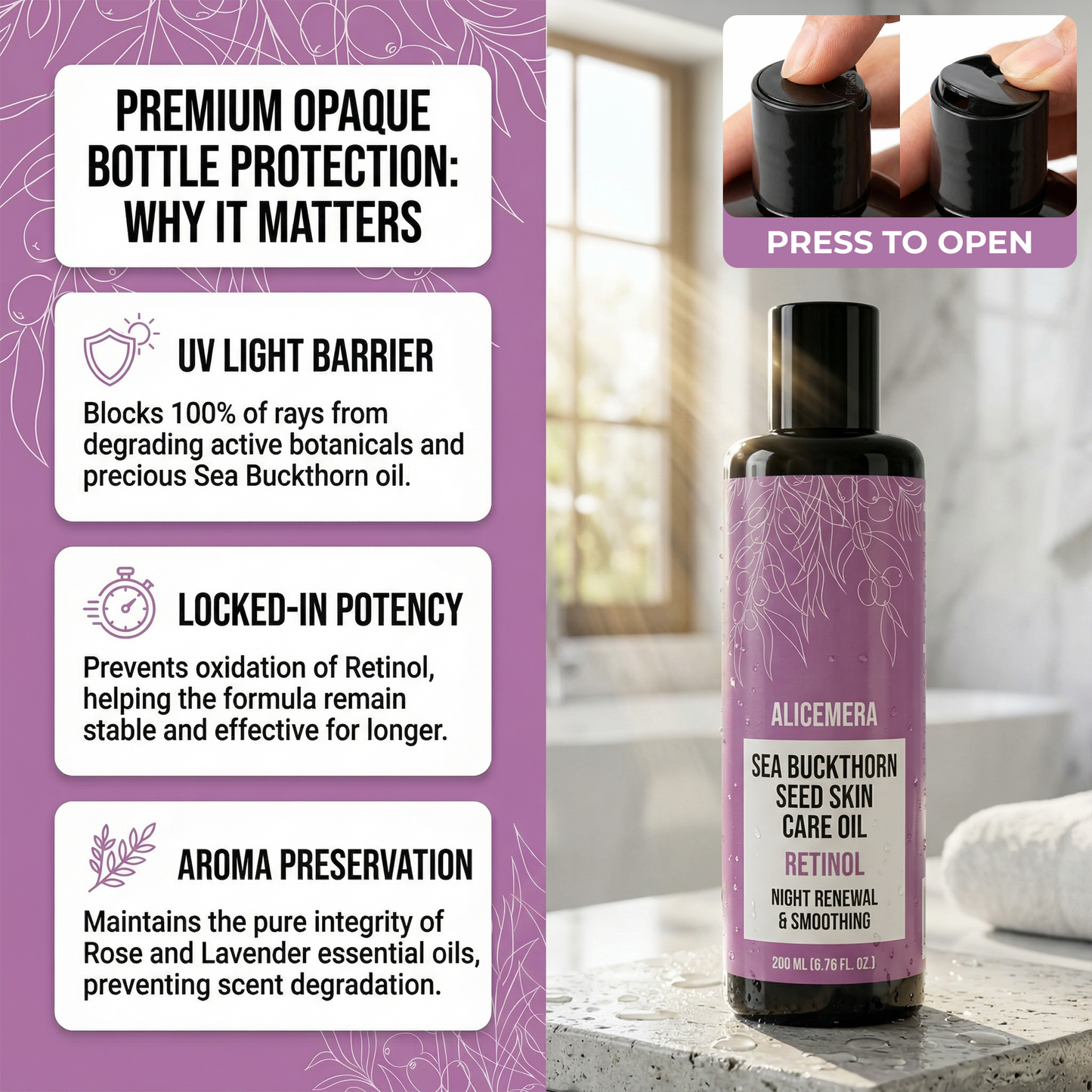 Alicemera Sea Buckthorn Seed Skin Care Oil bottle with features highlighted on a purple background