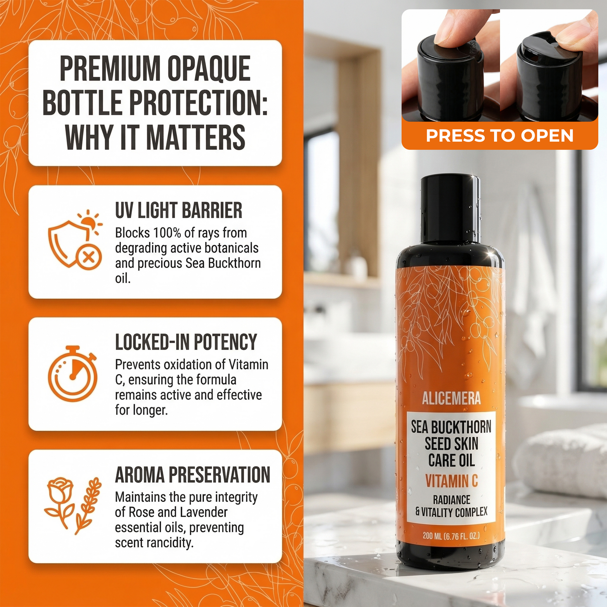 Alicemera Sea Buckthorn Seed Skin Care Oil bottle with features highlighted on an orange background