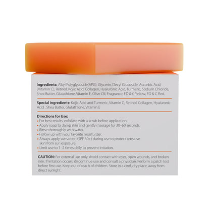 Cosmetic jar with orange lid and white body displaying ingredients, directions, and cautions on a white background.