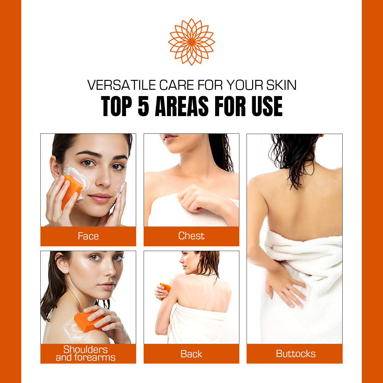 Product usage guide for skin care, showing top 5 areas of use with images and text.