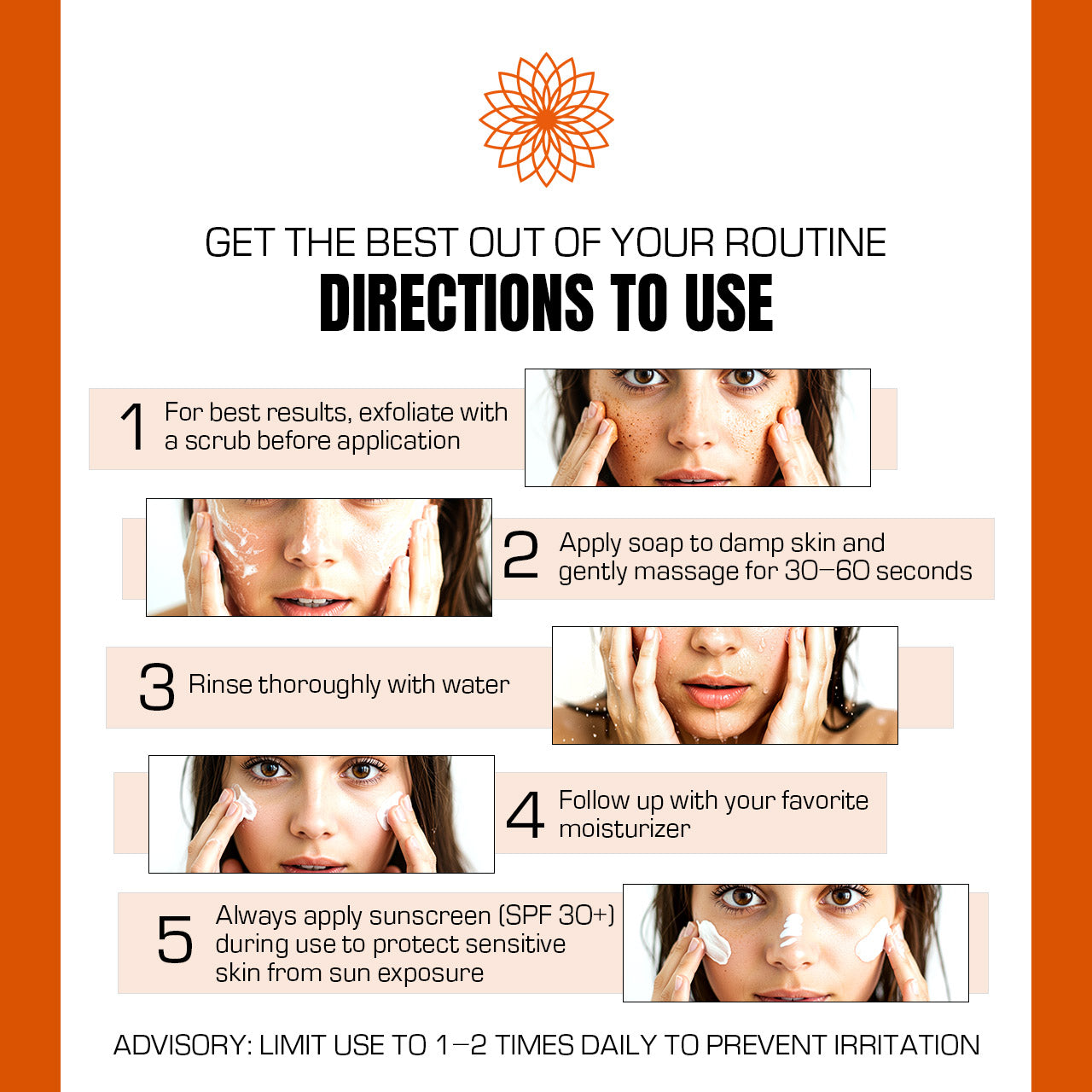 Skincare routine instructions with steps and a brand logo on an orange and white background.