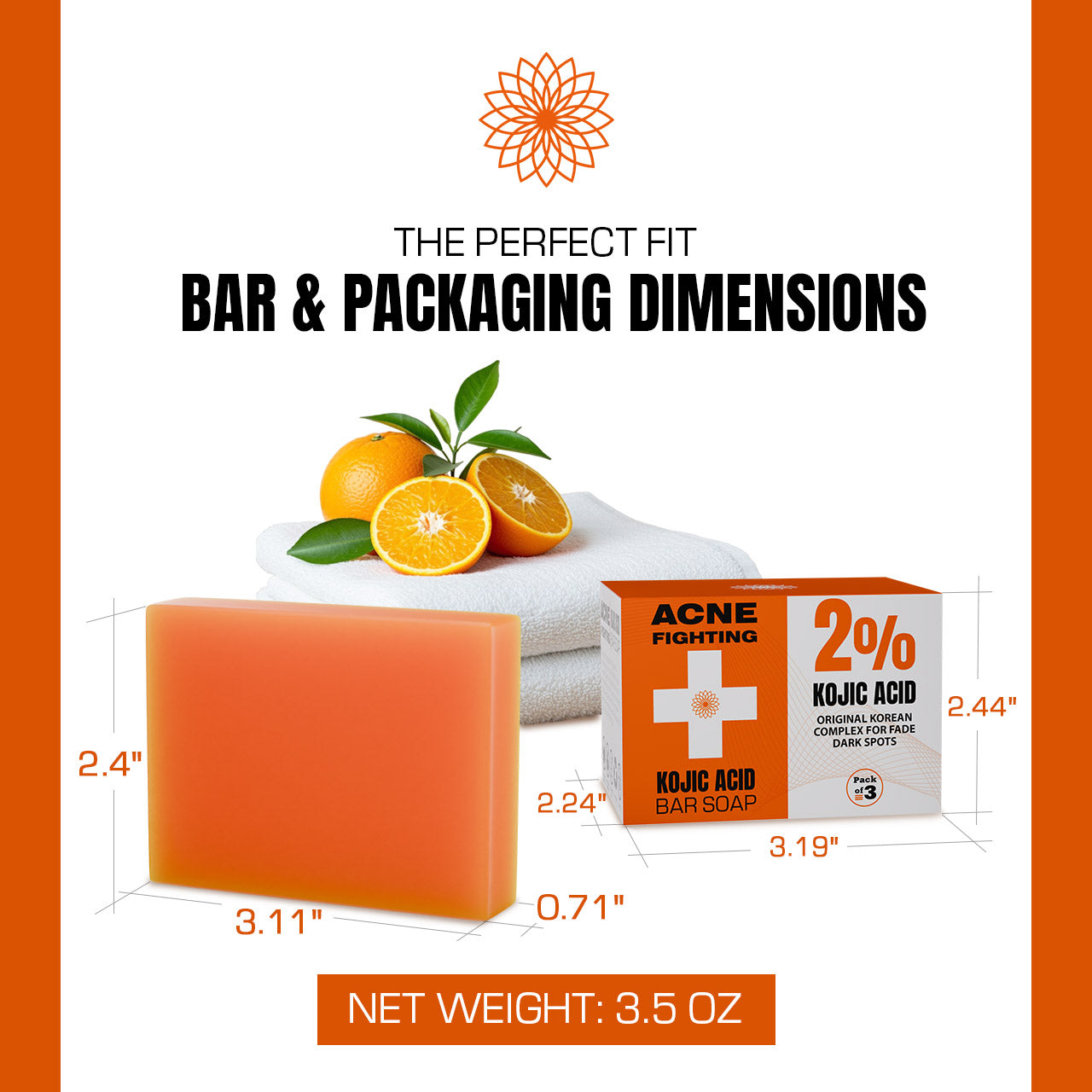 Bar of soap with packaging dimensions and product details on an orange and white background
