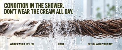 Rinse-out beard mask shown conditioning wet beard hair in the shower without an all-day leave-in coating