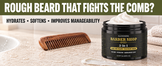 Alicemera rinse-out beard mask beside a wooden comb with the message Rough beard that fights the comb