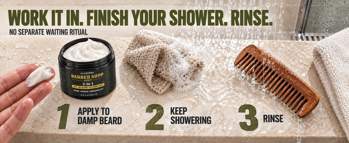 Three-step beard mask routine: apply to damp beard, continue showering for 2 to 5 minutes, then rinse