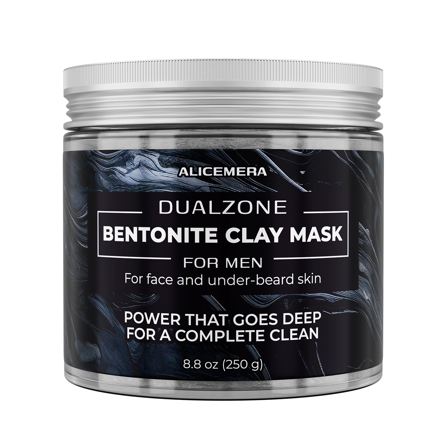Alicemera Dualzone Bentonite Clay Mask for men in a black container with silver lid on a white background