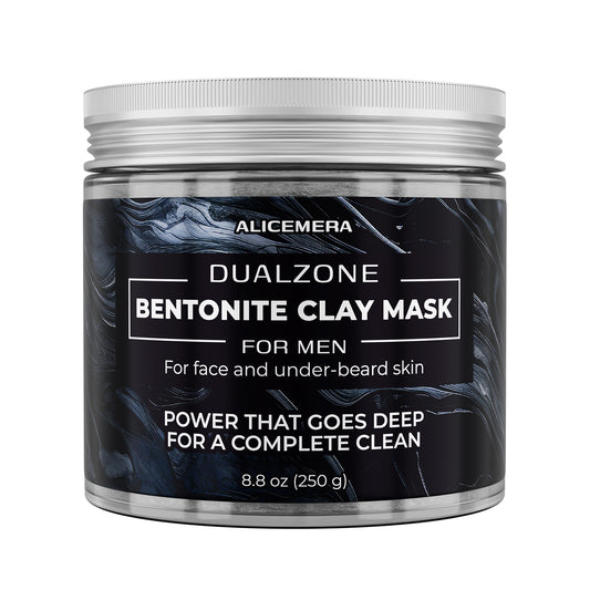 Alicemera Dualzone Bentonite Clay Mask for men in a black container with silver lid on a white background