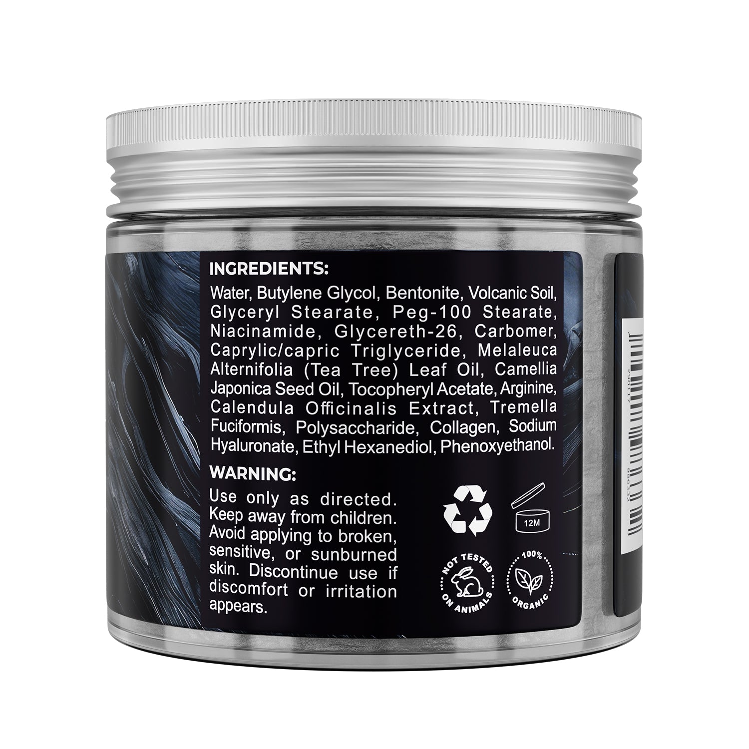 Back view of a cosmetic jar with ingredients list and warning label on a white background