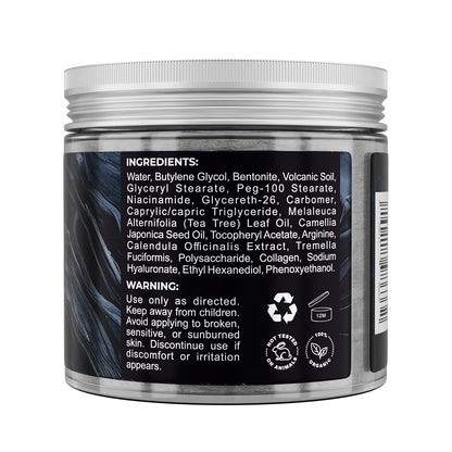 Back view of a cosmetic jar with ingredients list and warning label on a white background