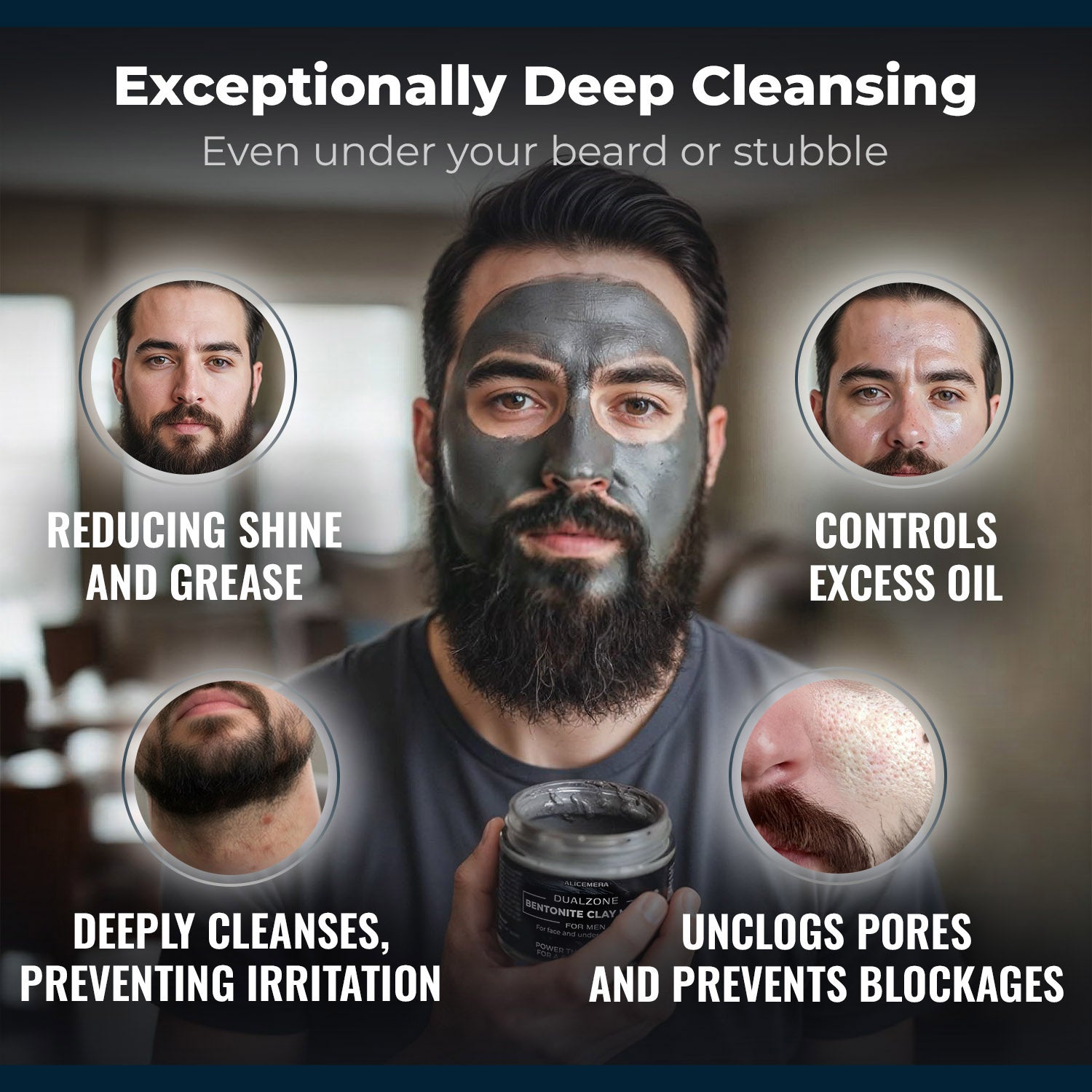 Man applying facial mask with product benefits highlighted