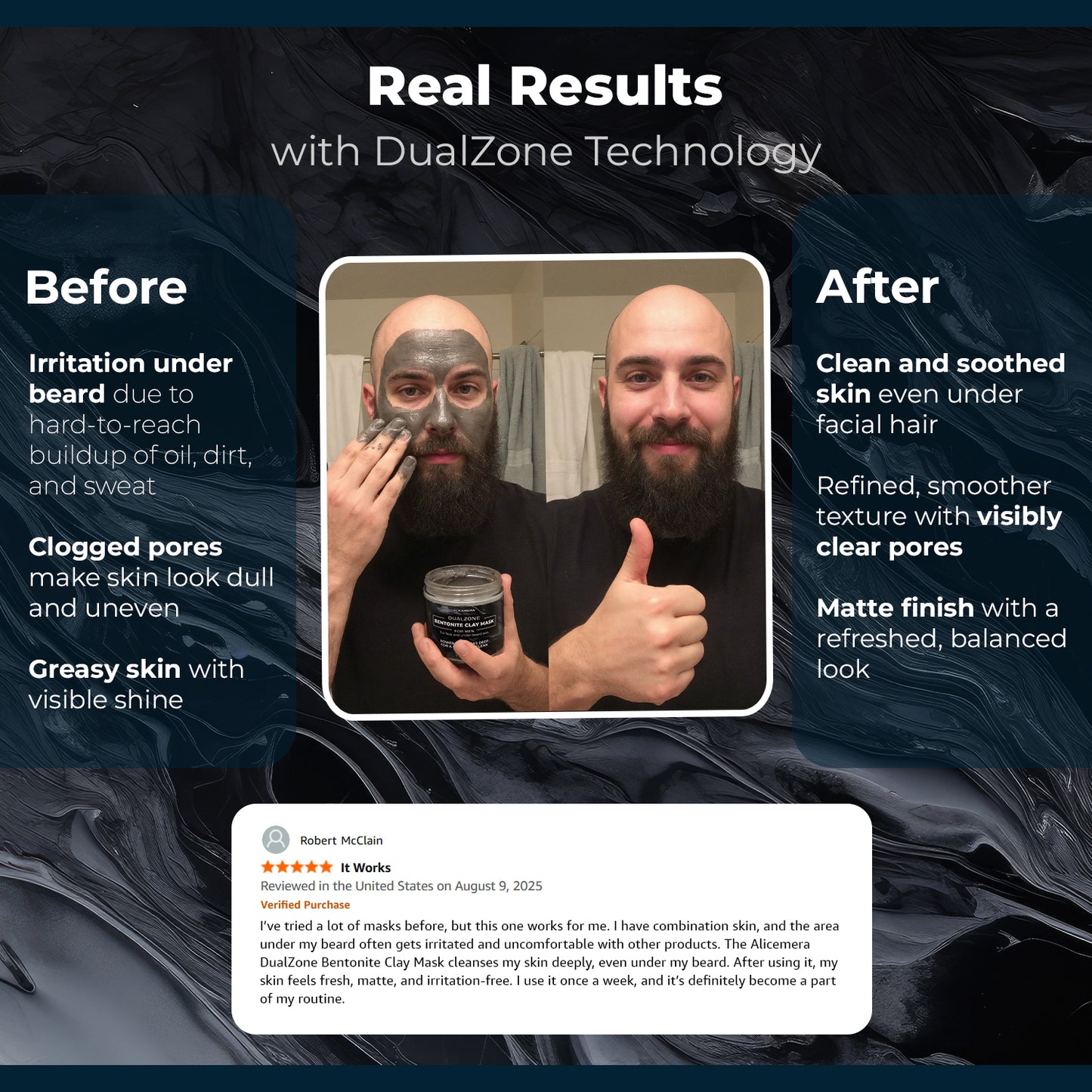 Before and after comparison of a person using a facial mask with DualZone Technology, showing improved skin texture and clarity.