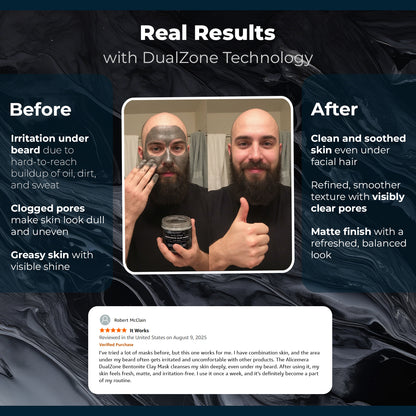 Before and after comparison of a person using a facial mask with DualZone Technology, showing improved skin texture and clarity.