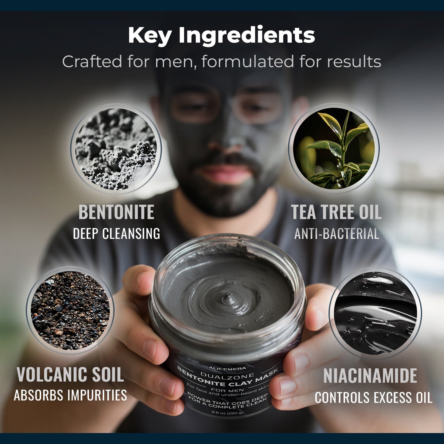 Person holding a jar of men's facial mask with key ingredients displayed.