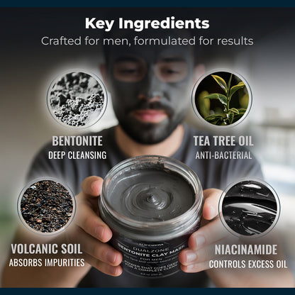 Person holding a jar of men's facial mask with key ingredients displayed.