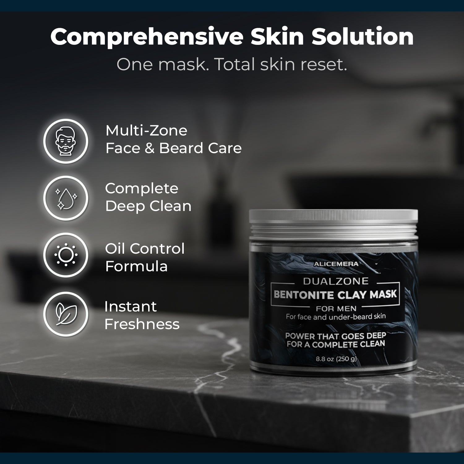 Bentonite clay mask for men on a dark surface with product details.