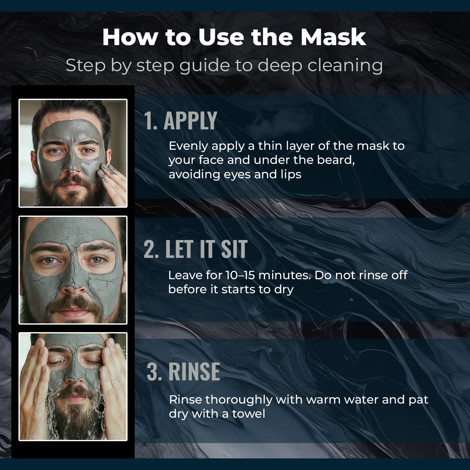 Step-by-step guide on how to use a deep cleaning face mask with images of a man applying and rinsing off the mask.