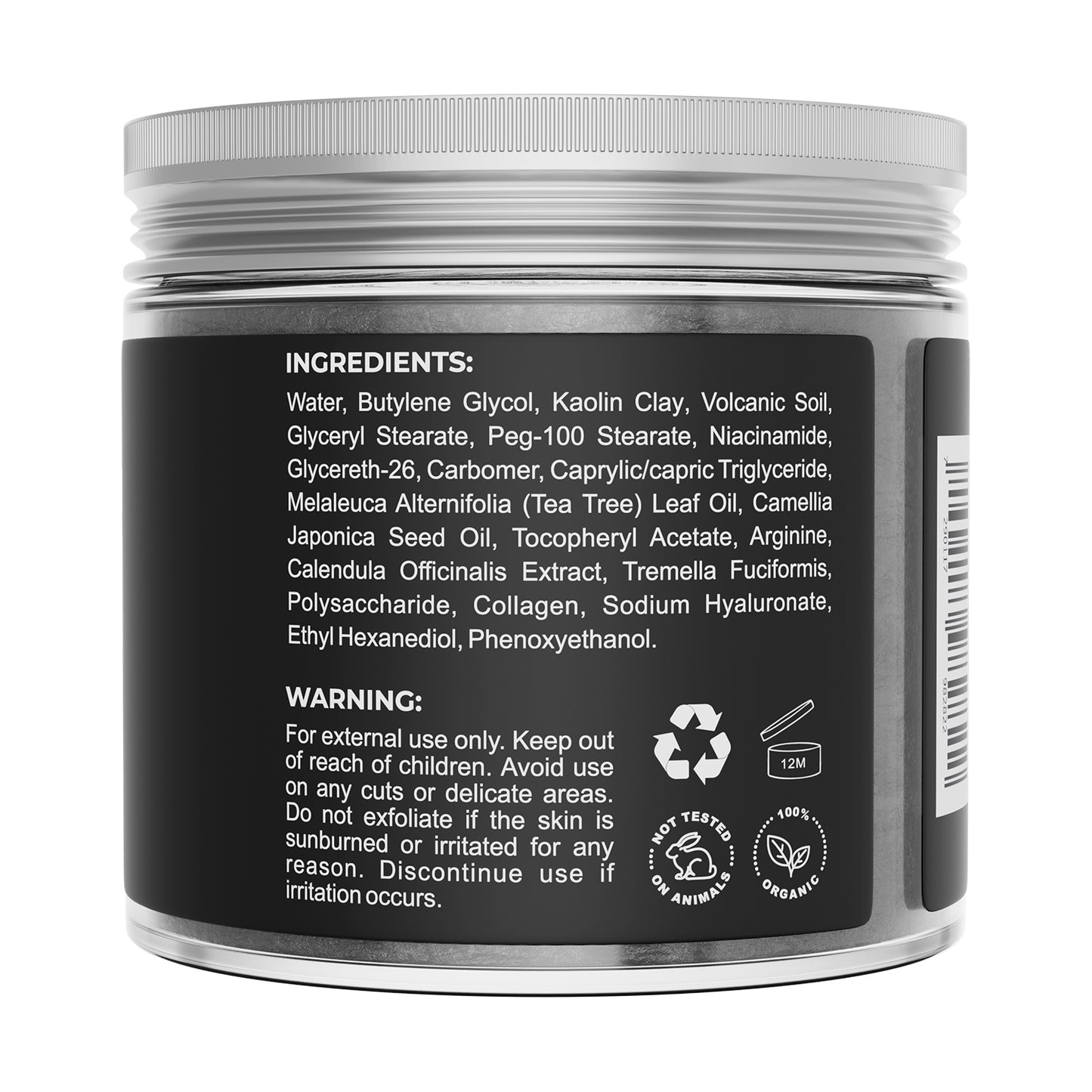 Back of a jar with ingredients and warning label on a white background