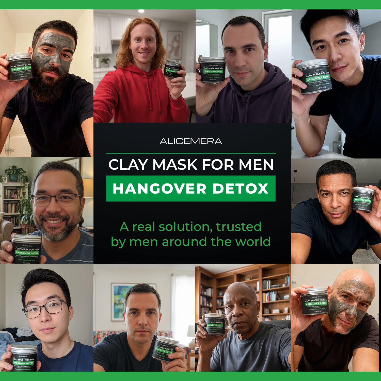 Collage of men holding a clay mask product with promotional text overlay.