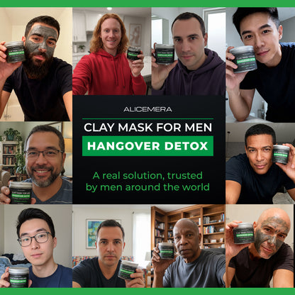 Collage of men holding a clay mask product with promotional text overlay.