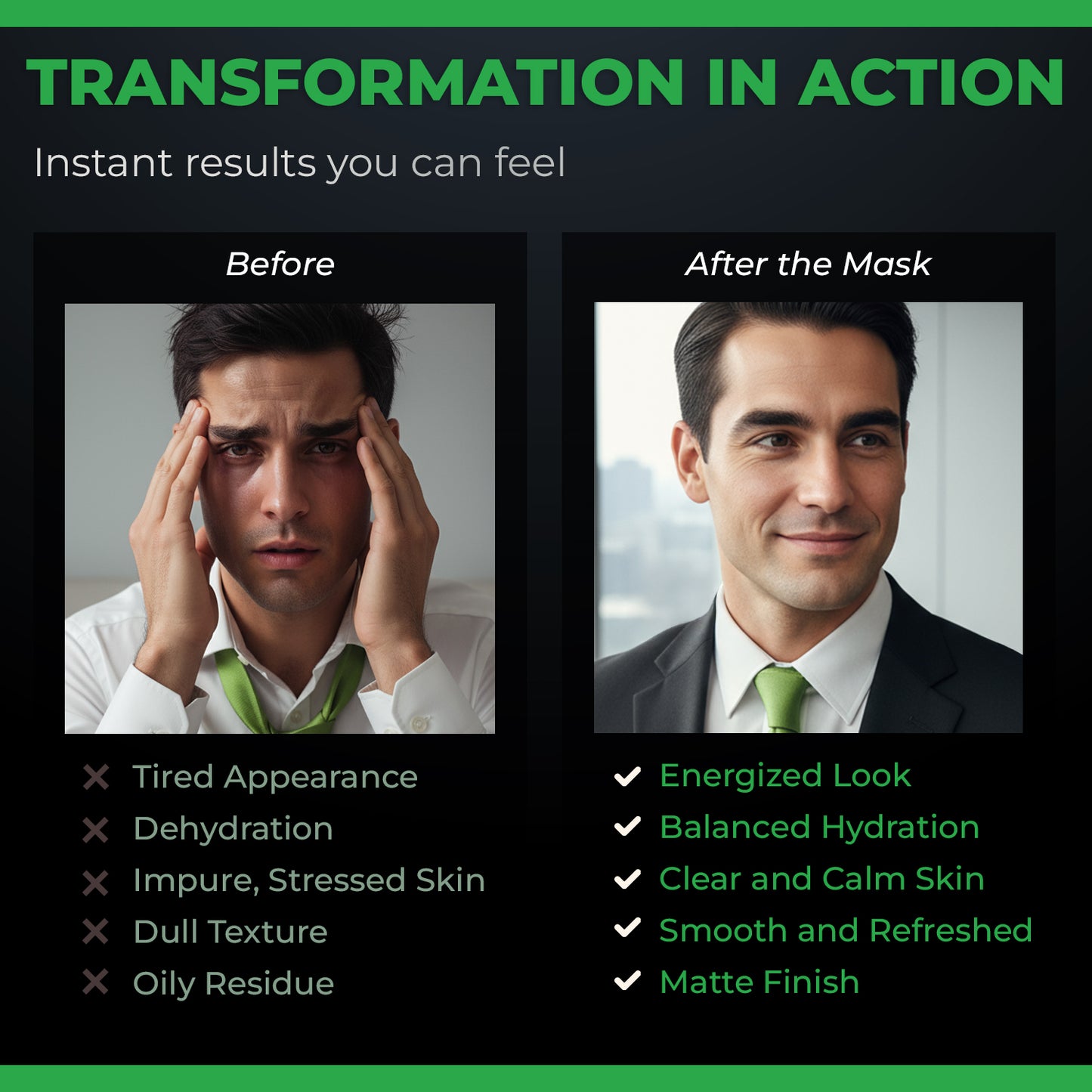 Before and after transformation of a man with text highlighting product benefits.