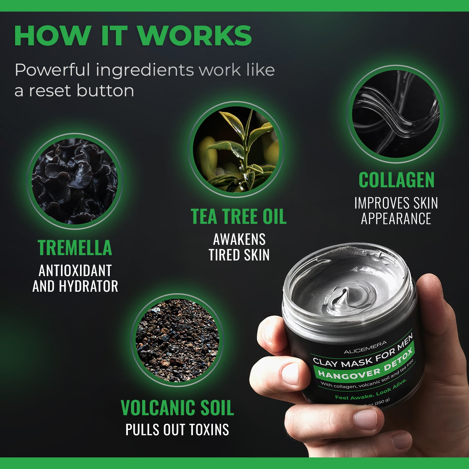 Clay mask for men with ingredients and benefits displayed on a dark background