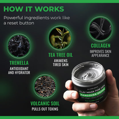 Clay mask for men with ingredients and benefits displayed on a dark background