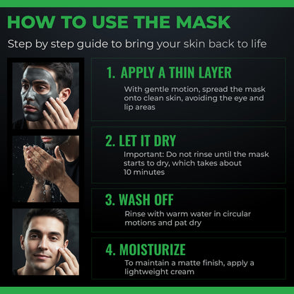Instructions on how to use a face mask with step-by-step guide and images of application.