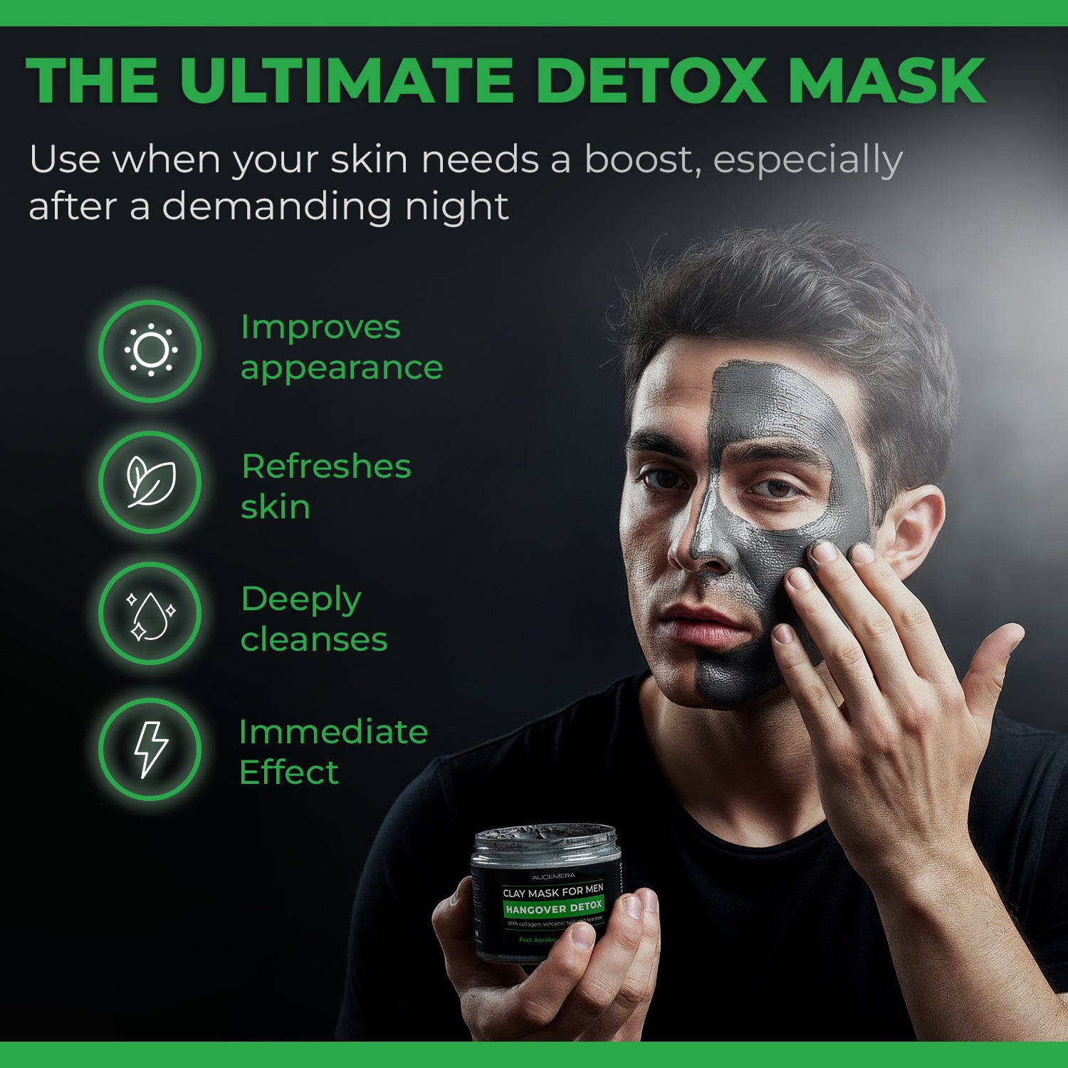 Man applying a detox mask with product packaging, set against a dark background with promotional text.