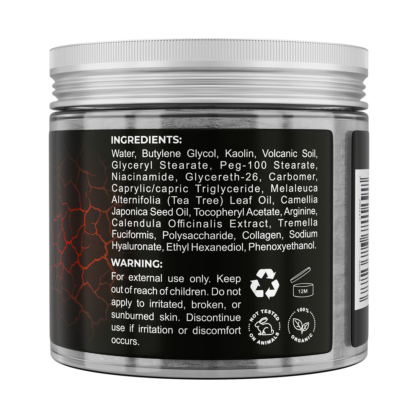 Back label of a jar with ingredient list and warning text on a white background