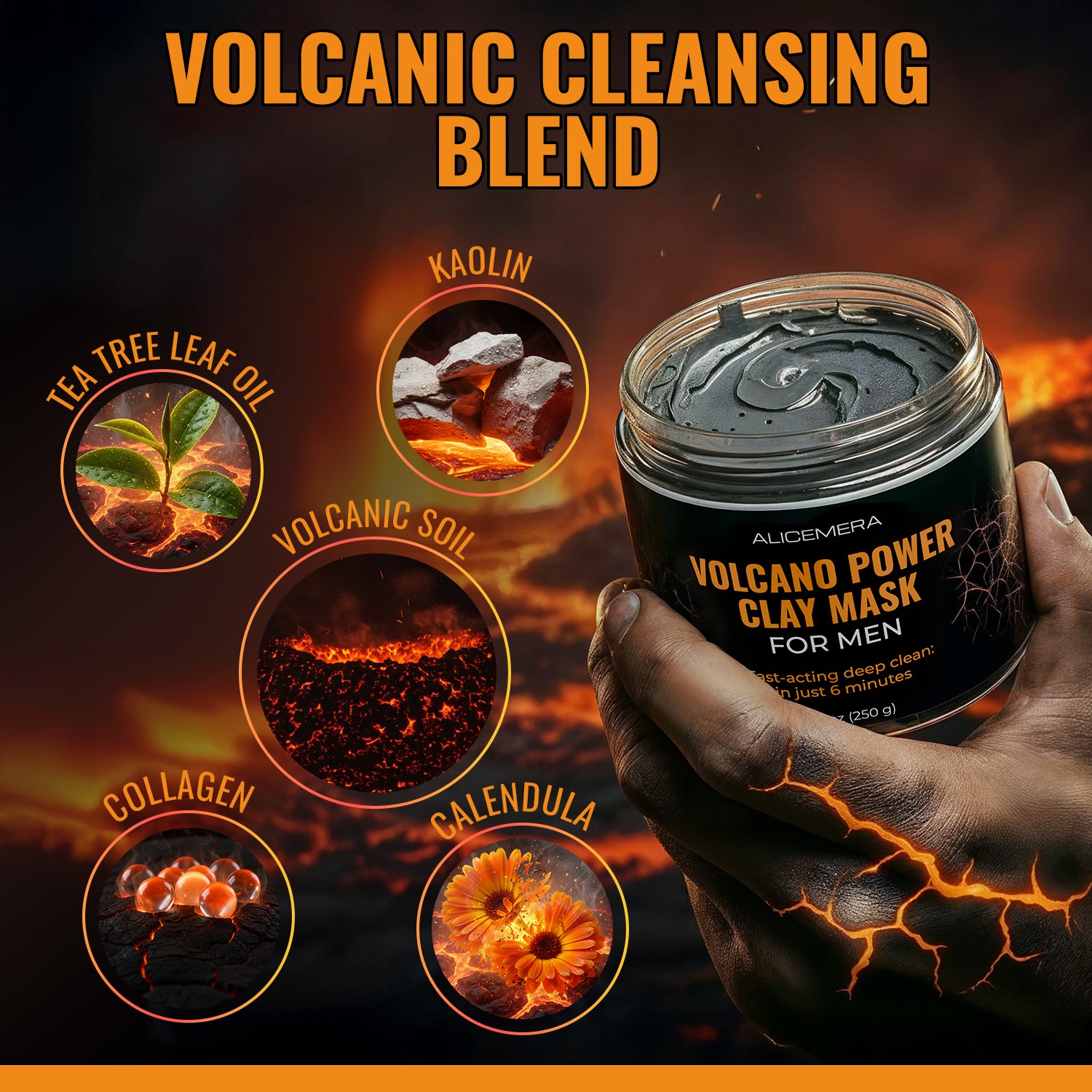 Jar of volcanic cleansing blend clay mask with ingredients and a hand holding it against a fiery background.