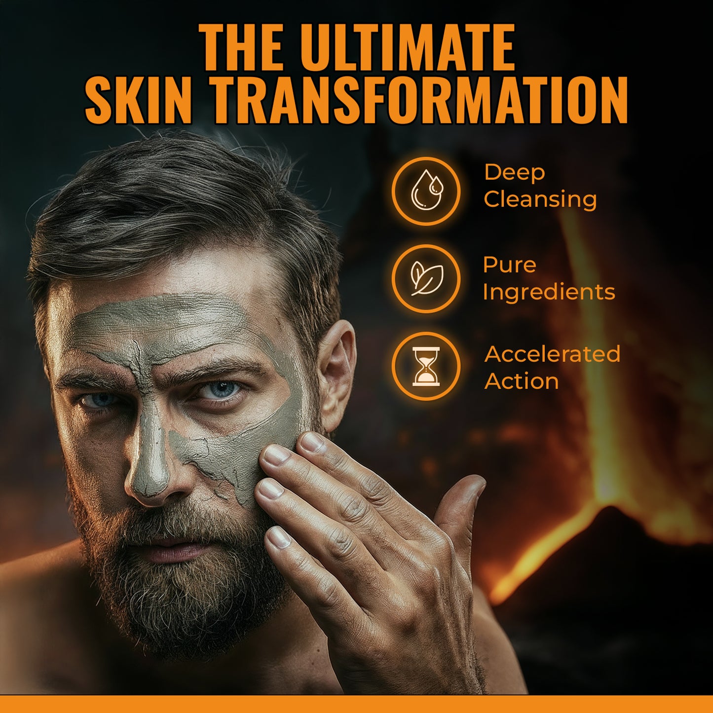 Man applying a face mask with text about skin transformation and product benefits.