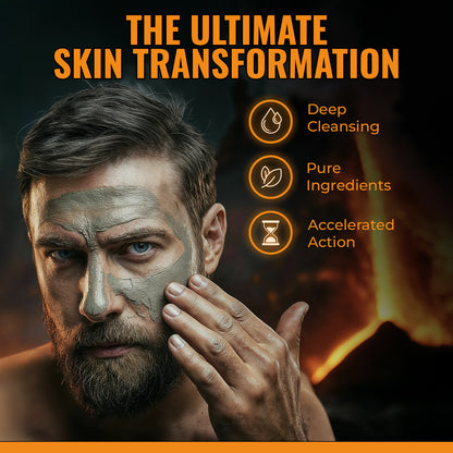 Man applying a face mask with text about skin transformation and product benefits.