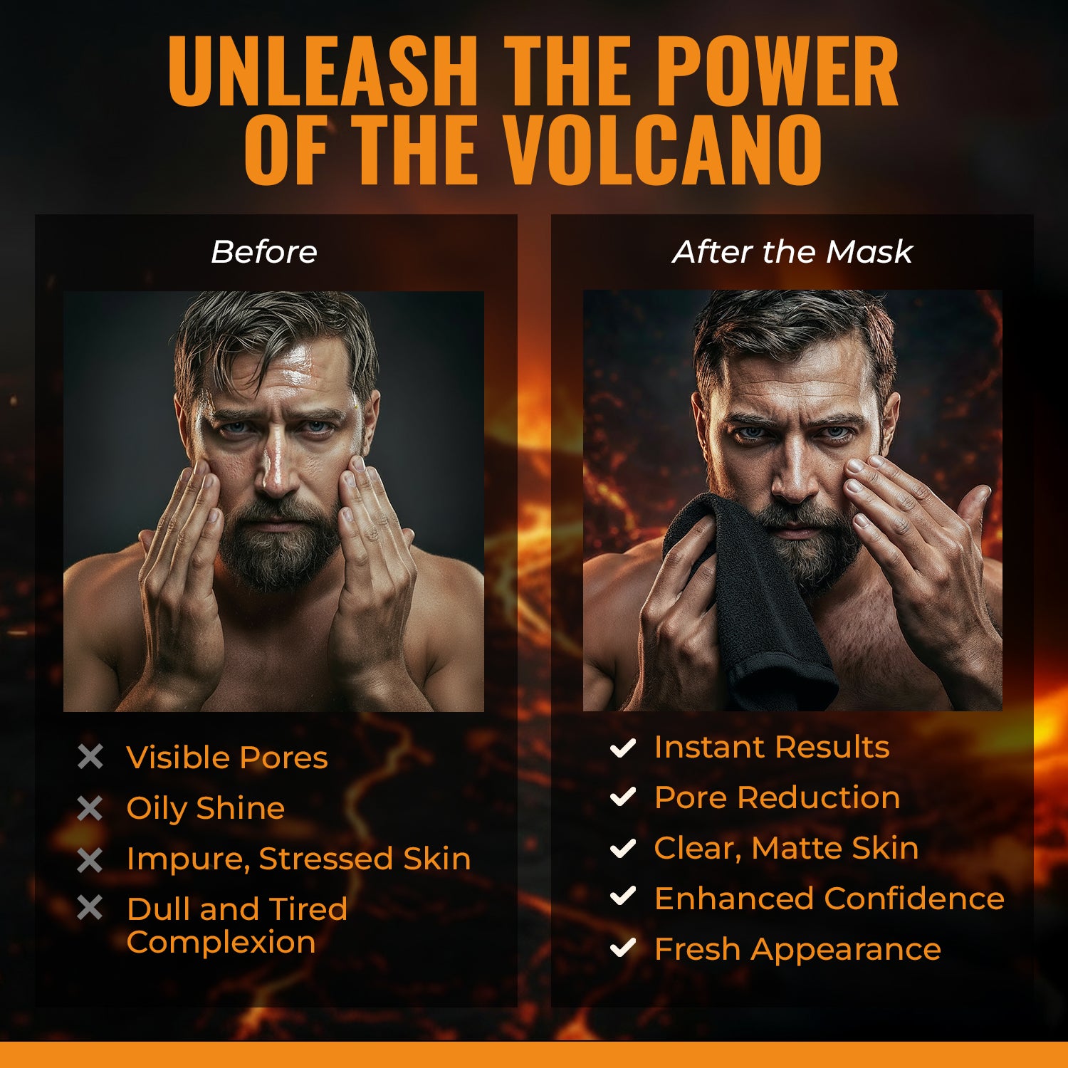 Before and after comparison of a man using a mask with text highlighting product benefits.