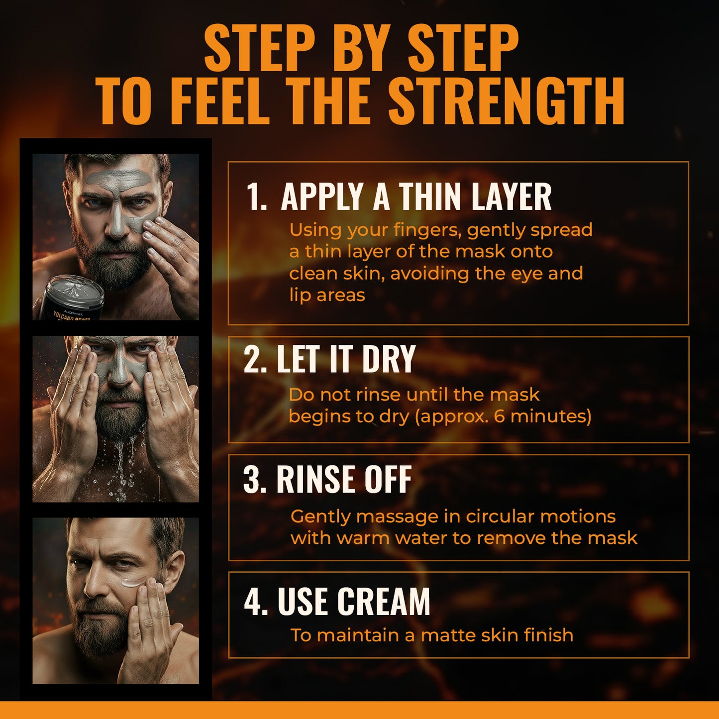Step-by-step guide for using a facial mask with images and text on an orange and black background.