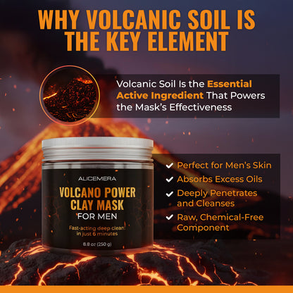 Alismera Volcano Power Clay Mask for Men with volcanic soil imagery and text about its effectiveness.