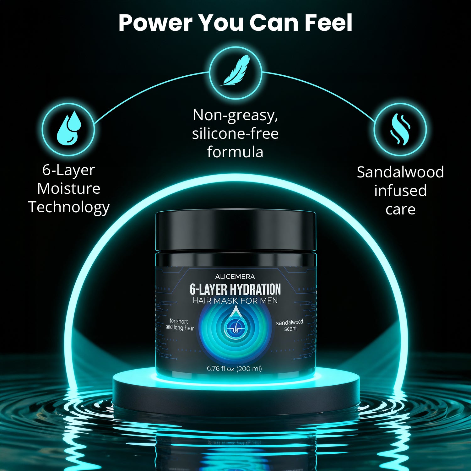Hair mask jar with features highlighted on a dark background
