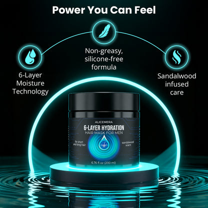 Hair mask jar with features highlighted on a dark background