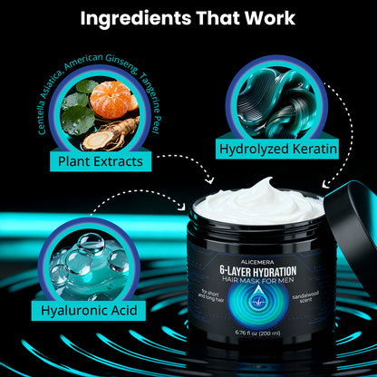 Hair mask jar with ingredients highlighted on a black background