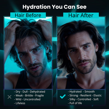 Before and after comparison of hair hydration with a person touching their hair on the left and looking at the camera on the right.