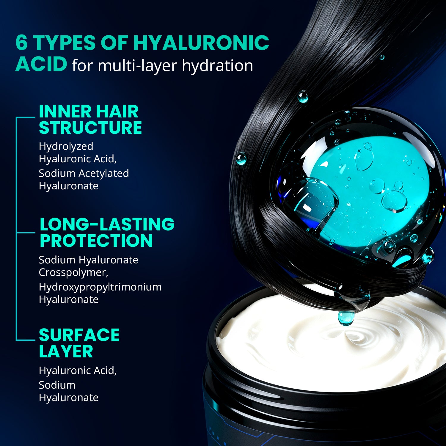 Hyaluronic acid product with text on types of hyaluronic acid for hair hydration.