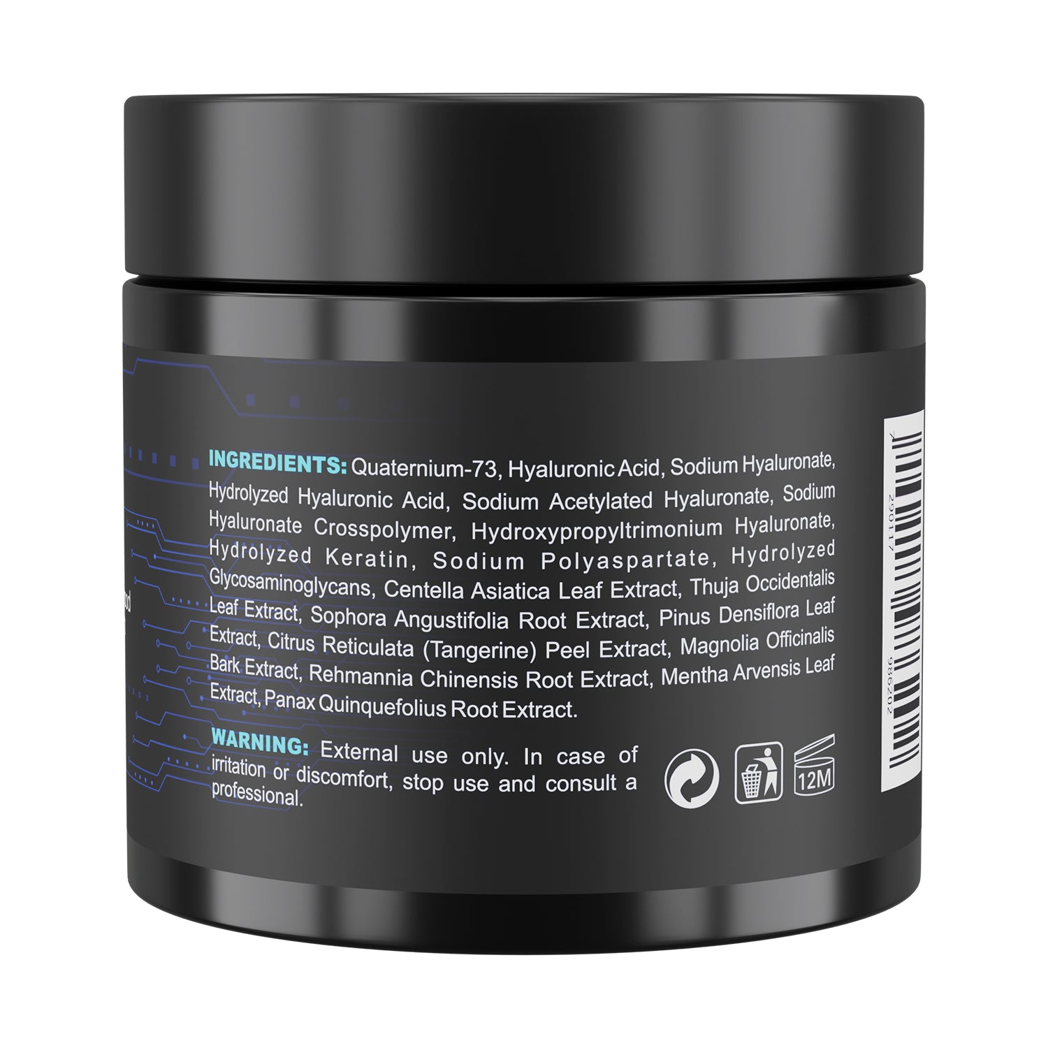 Black jar with ingredient list and warning label on a white background