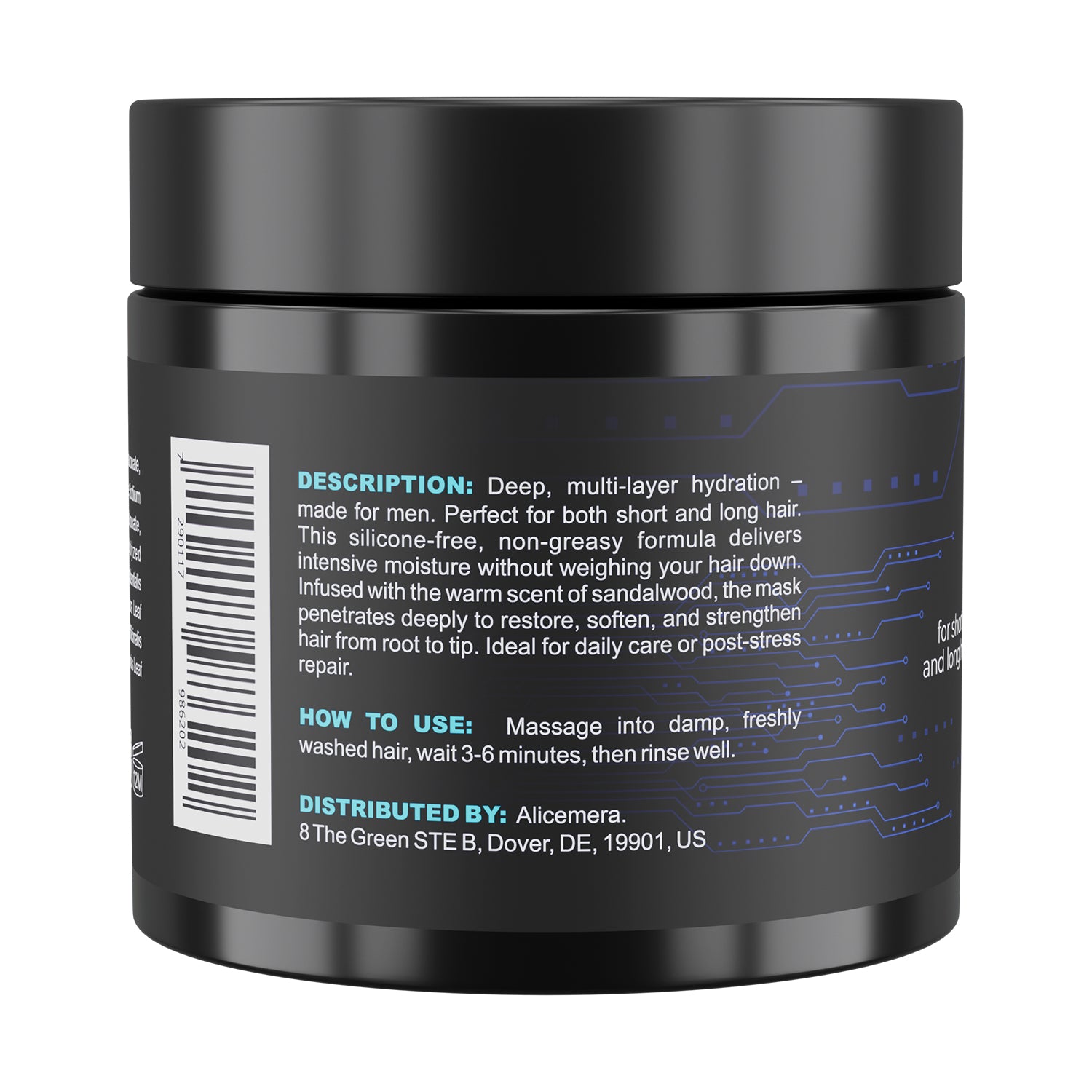 Black hair care product jar with label on a white background