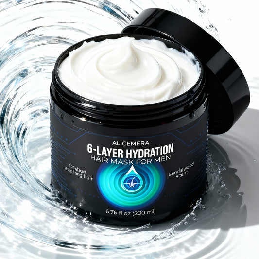 Alicemera 6-Layer Hydration Hair Mask for Men jar with open lid on a water background