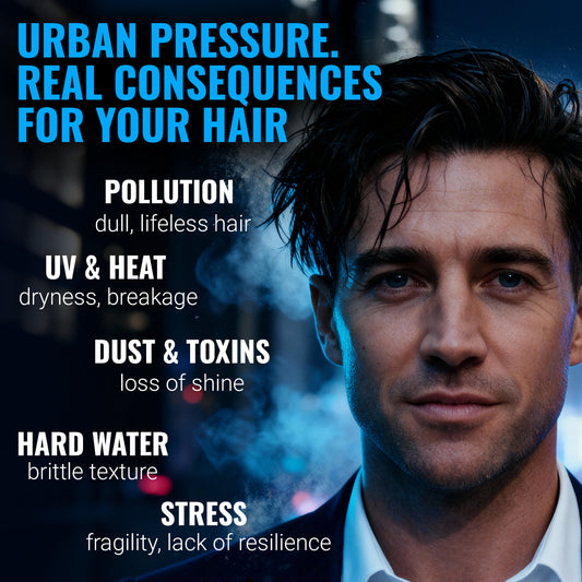 Man with text about urban hair care issues and their effects on hair health.